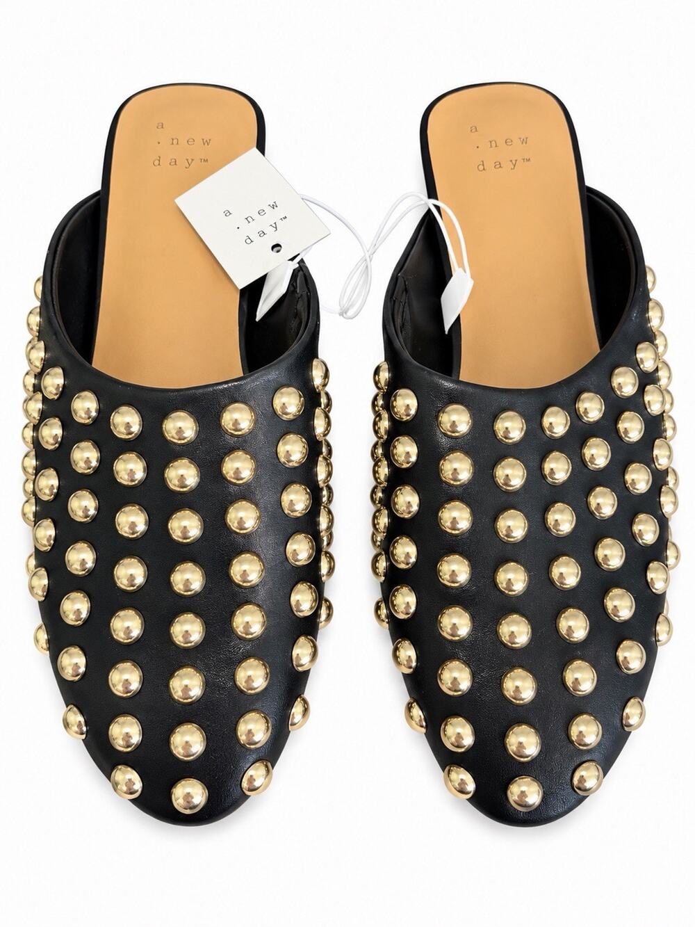 A New Day Channing Women’s Mules Size 7 Black Gold Studded Slip On Flats NWT